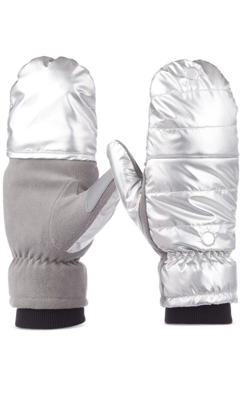 isotoner Sleek Heat Flip Mittens Quilted Silver Touchscreen Gloves Size L/XL